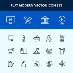 Modern, simple vector icon set with technology, sand, property, lot, greek, sofa, modern, online, hour, real, couch, conference, speaker, library, estate, life, encyclopedia, book, click, buoy icons