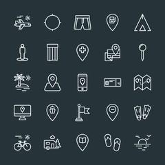 Modern Simple Set of location, travel Vector outline Icons. Contains such Icons as  race,  air, map,  home, fashion, underwater,  snorkeling and more on dark background. Fully Editable. Pixel Perfect.