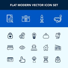 Modern, simple vector icon set with leather, bed, bulb, interior, style, tool, light, white, rocket, space, mushroom, edible, box, spaceship, sand, human, food, water, body, cross, lightbulb icons