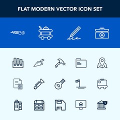 Modern, simple vector icon set with cross, medicine, financial, sport, box, travel, pin, folder, string, education, folk, research, map, service, hit, room, shovel, blank, jazz, laboratory, pen icons