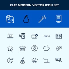 Modern, simple vector icon set with hit, location, profile, transportation, lady, businessman, sack, people, sign, increase, web, strike, cell, ball, house, air, map, travel, woman, wand, girl icons