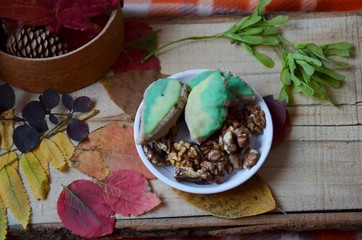 Autumn harvest of fruits and vegetables on the village table. Food background, autumn concept. Top view, close up, copy space