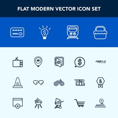 Modern, simple vector icon set with work, sport, cycle, card, ball, step, sun, job, safe, balance, grass, travel, wheel, hobby, train, circle, television, park, security, banking, location, bike icons