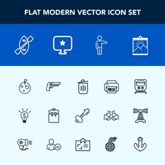 Modern, simple vector icon set with garbage, lock, pretty, concept, transport, white, gun, trash, moon, recycling, bin, key, railway, pistol, people, transportation, flag, weapon, picture, space icons