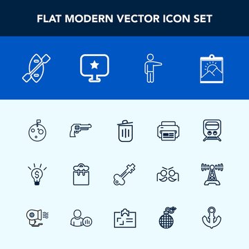 Modern, simple vector icon set with garbage, lock, pretty, concept, transport, white, gun, trash, moon, recycling, bin, key, railway, pistol, people, transportation, flag, weapon, picture, space icons