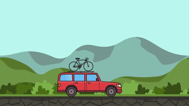 Animated red SUV car with bicycle on the roof trunk riding through gren valley. Moving minivan on hilly landscape background. Flat animation
