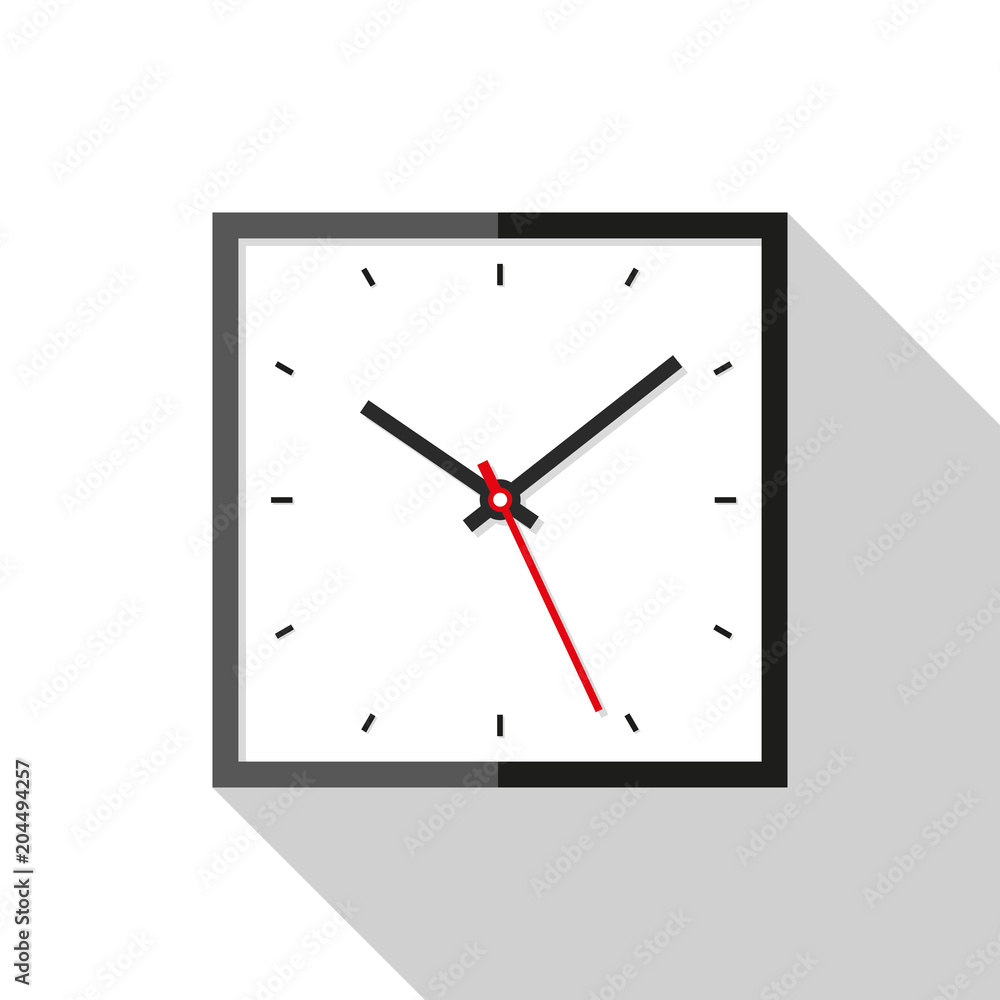 Poster clock icon in flat style, square timer on white background. business watch. vector design element fo