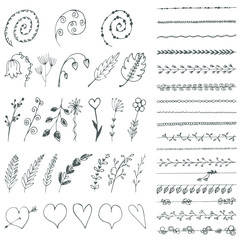 Fototapeta na wymiar A set of decorative design elements hand drawn. Leaves, twigs, hearts, limiters, dividers, flowers, curls. Vector illustration.