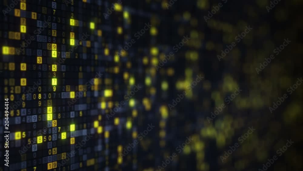 Poster yellow hex digital symbols on computer monitor. futuristic big data information technology concept. 