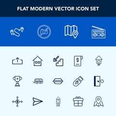 Modern, simple vector icon set with food, destination, lettuce, burger, radio, hamburger, sign, map, transportation, bird, pin, bun, travel, location, business, architecture, downstairs, house icons