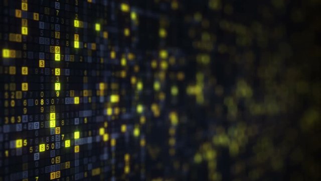 Yellow HEX digital symbols on computer monitor. Futuristic big data information technology concept. Seamless loop animation 4k (4096x2304)
