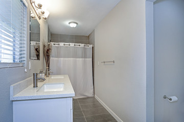 Interior of neutral bathroom with double vanity cabinet