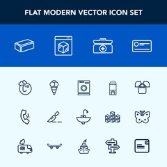 Modern, simple vector icon set with business, operation, white, tshirt, mobile, cream, fahrenheit, temperature, faucet, surgery, cheque, home, clinic, construction, ball, food, scale, dessert icons