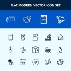 Modern, simple vector icon set with beauty, property, baggage, email, monitor, fashion, estate, white, contract, microscope, document, computer, touchscreen, web, phone, airport, tshirt, warning icons