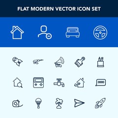 Modern, simple vector icon set with weapon, retro, arrow, bomb, stationery, home, cell, vintage, user, war, gramophone, bed, double, furniture, falling, , tap, box, mobile, faucet, account, army icons