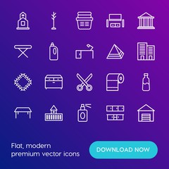Modern Simple Set of buildings, furniture, housekeeping Vector outline Icons. Contains such Icons as building,  roll,  furniture, drawer and more on gradient background. Fully Editable. Pixel Perfect.