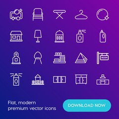 Modern Simple Set of buildings, furniture, housekeeping Vector outline Icons. Contains such Icons as  bubble, ironing, room,  triple and more on gradient background. Fully Editable. Pixel Perfect.