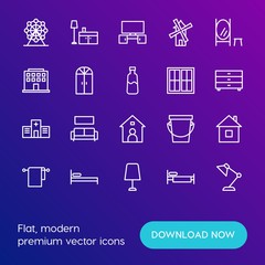 Fototapeta na wymiar Modern Simple Set of buildings, furniture, housekeeping Vector outline Icons. Contains such Icons as nightstand, abstract, bed, wheel and more on gradient background. Fully Editable. Pixel Perfect.
