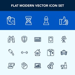 Modern, simple vector icon set with hand, video, badge, protection, extreme, gym, horse, pin, rocket, dirt, location, sport, movie, house, button, protect, strategy, quad, road, workout, wheel icons