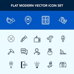 Modern, simple vector icon set with close, emergency, food, direction, equipment, ball, search, bugle, sos, computer, tv, finance, musical, construction, bank, cash, danger, jazz, travel, map icons