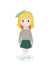 Girl wearing school uniform, cute cartoon kid character. Vector illustration