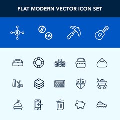 Modern, simple vector icon set with style, finance, park, musical, bag, hairdresser, equipment, guitar, currency, leather, distribution, technology, summer, internet, inflatable, white, crane icons