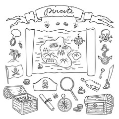 Hand drawn pirate set. Pirates flag and treasures map. Nautical symbols illustrations