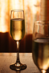 Flutes filled with Prosecco Superiore Cartizze, an italian sparkling white wine, in a restaurant in Conegliano