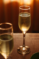 Flutes filled with Prosecco Superiore Cartizze, an italian sparkling white wine, in a restaurant in Conegliano