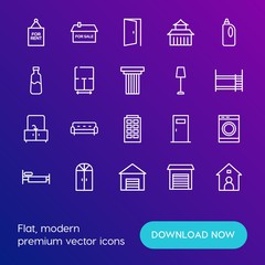 Fototapeta na wymiar Modern Simple Set of buildings, furniture, housekeeping Vector outline Icons. Contains such Icons as bottle, home, detergent, doorway and more on gradient background. Fully Editable. Pixel Perfect.