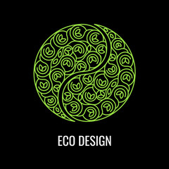 Abstract natural Linear logo. Green symbol Yin Yang on black background. Vector sign for eco design. Alternative, Chinese medicine and wellness, zen meditation.