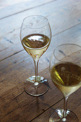 Flutes filled with Prosecco Superiore Cartizze, an italian sparkling white wine, in a restaurant in Conegliano