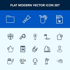 Modern, simple vector icon set with beach, location, home, pole, axe, tea, screwdriver, baja, list, office, box, map, protection, science, hot, cocktail, package, shipping, delivery, ocean, pin icons