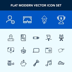 Modern, simple vector icon set with weapon, id, box, bubble, achievement, furniture, delete, competition, square, seat, chair, unpacking, award, identity, first, construction, gun, bullet, card icons