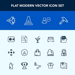 Modern, simple vector icon set with sign, folder, jetliner, shovel, office, ladder, online, file, fashion, account, business, cash, blank, cocktail, bedroom, construction, airplane, sale, buy icons