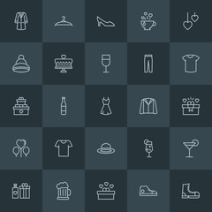 Modern Simple Set of clothes, drinks, valentine Vector outline Icons. Contains such Icons as  day,  container,  footwear, alcohol,  party and more on dark background. Fully Editable. Pixel Perfect.