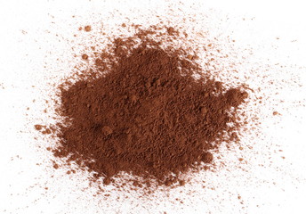 Cocoa powder pile isolated on white background, top view