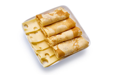 pancakes with cheese are isolated on a white background
