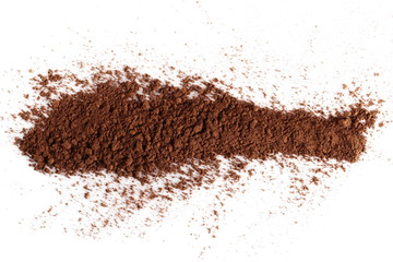 Cocoa powder pile isolated on white background, top view