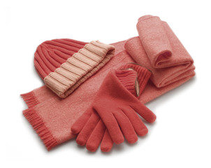 set of winter red woolen accessorie, scarf, gloves and hat, isolated
