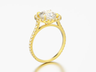 3D illustration yellow gold engagement wedding cushion diamond ring