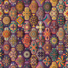 Seamless pattern with decorative mandalas. Vintage mandala elements. Colorful patchwork.