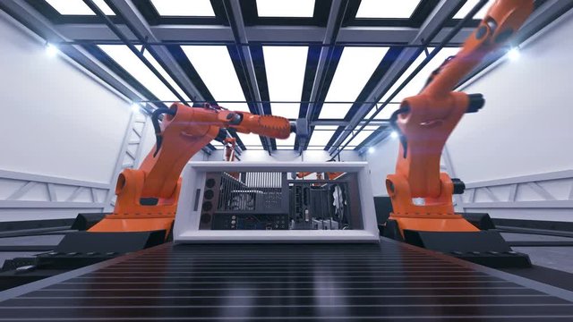 Beautiful Robotic Arms Assembling Computer Cases On Conveyor Belt. Futuristic Advanced Automated Process. 3d Animation. Business, Industrial and Technology Concept. 4K Ultra HD 3840x2160.