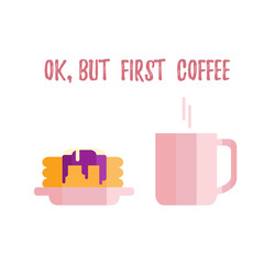 Cup with coffee and pancakes with gravy and scoop of ice cream.