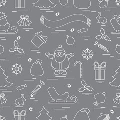 Winter seamless pattern with variety Christmas elements:  tree, balls, petard, scarf, Santa Claus, bell, gifts and other.