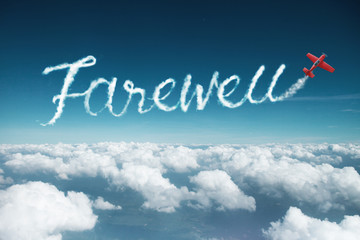 farewell word created from a trail of smoke by Acrobatic plane. - obrazy, fototapety, plakaty