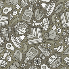 Cartoon hand-drawn latin american, mexican seamless pattern