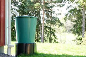 Water reservoir. A large plastic barrel that collects rainwater.