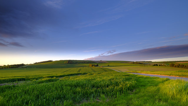 Spring Sunset And Evening Light On The Meon Hut Shepherds Hut Under Old Winchester Hill, South Downs, Hampshire, UK