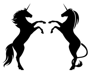 prancing unicorn horses black vector silhouette over white © Cattallina